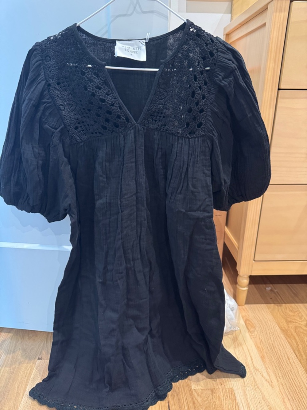 Black Crochet Yoke Puff Sleeve Tunic